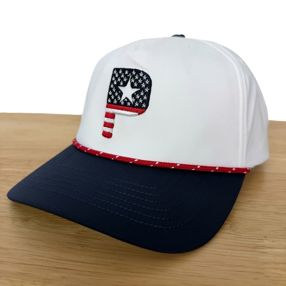NEW Puma Pars and Stripes Golf Hat Mens ONE SIZE White Navy SNAPBACK Rope Cap